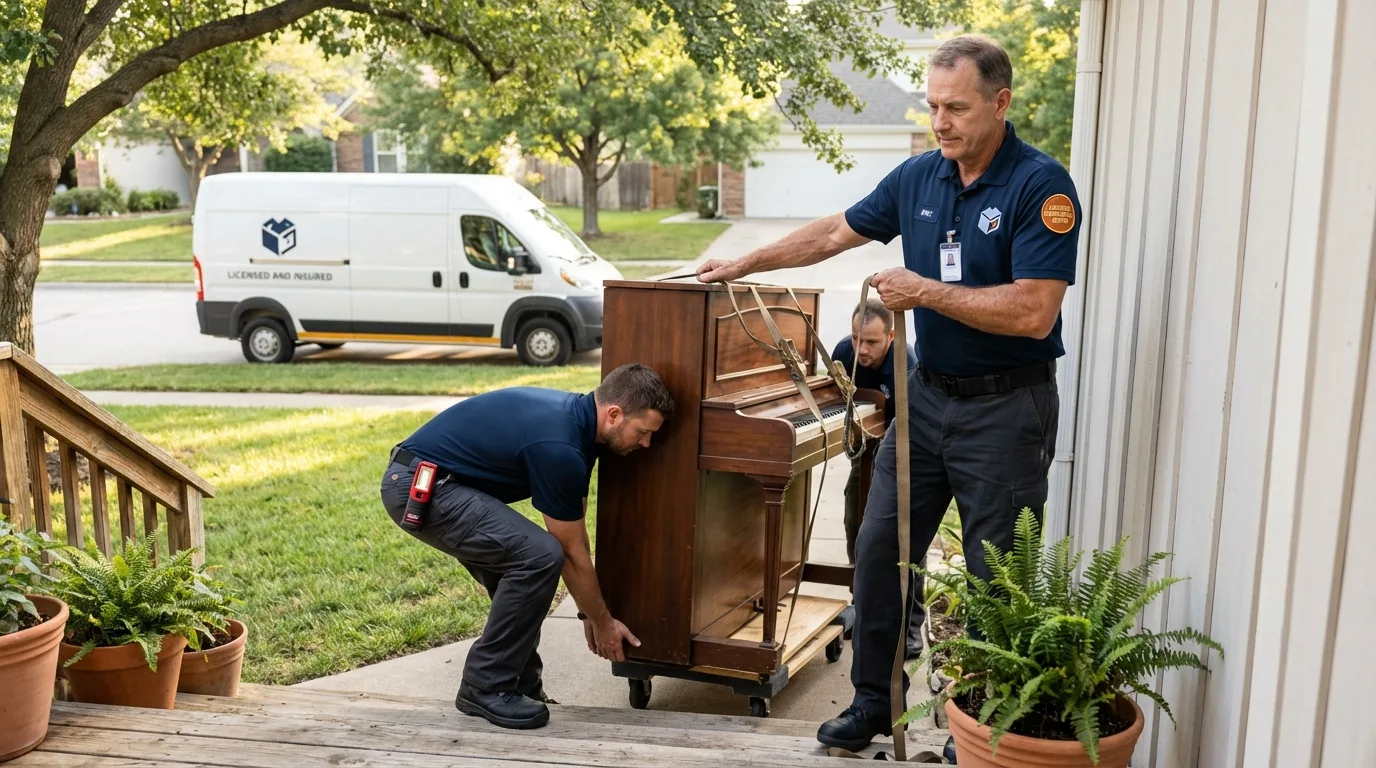 Licensed piano movers securing grand piano in Arma, KS