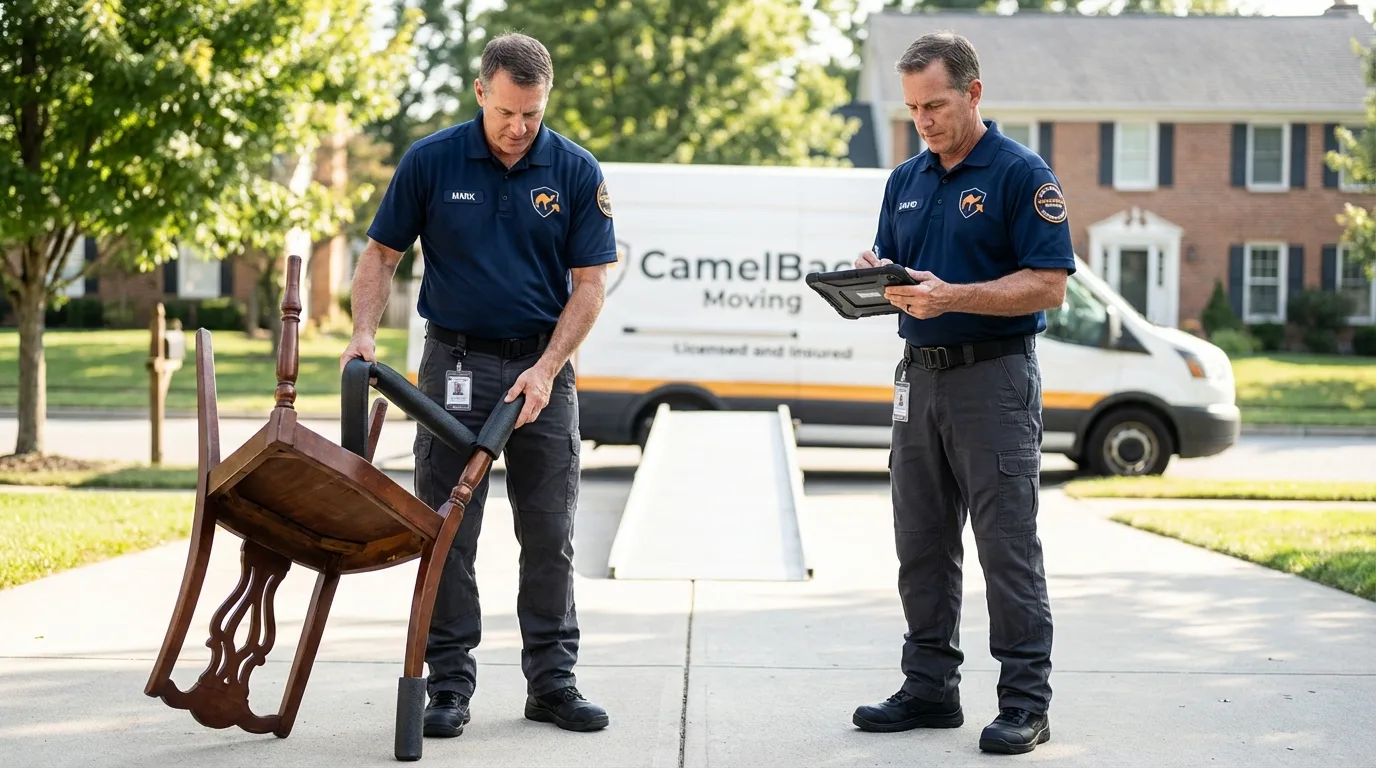 Movers inspecting furniture for damage prevention before loading in Arma, KS