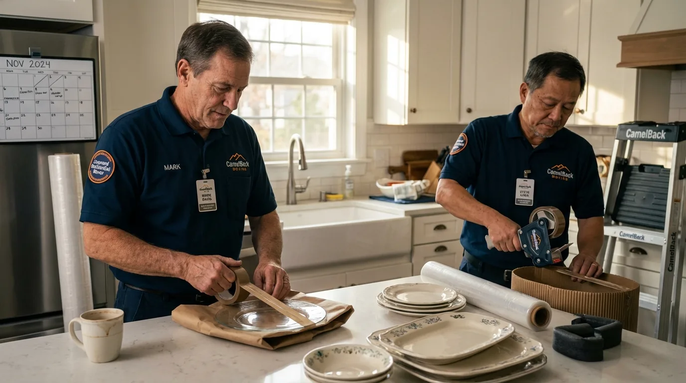 Professional crew packing kitchen dishware in Arma, KS